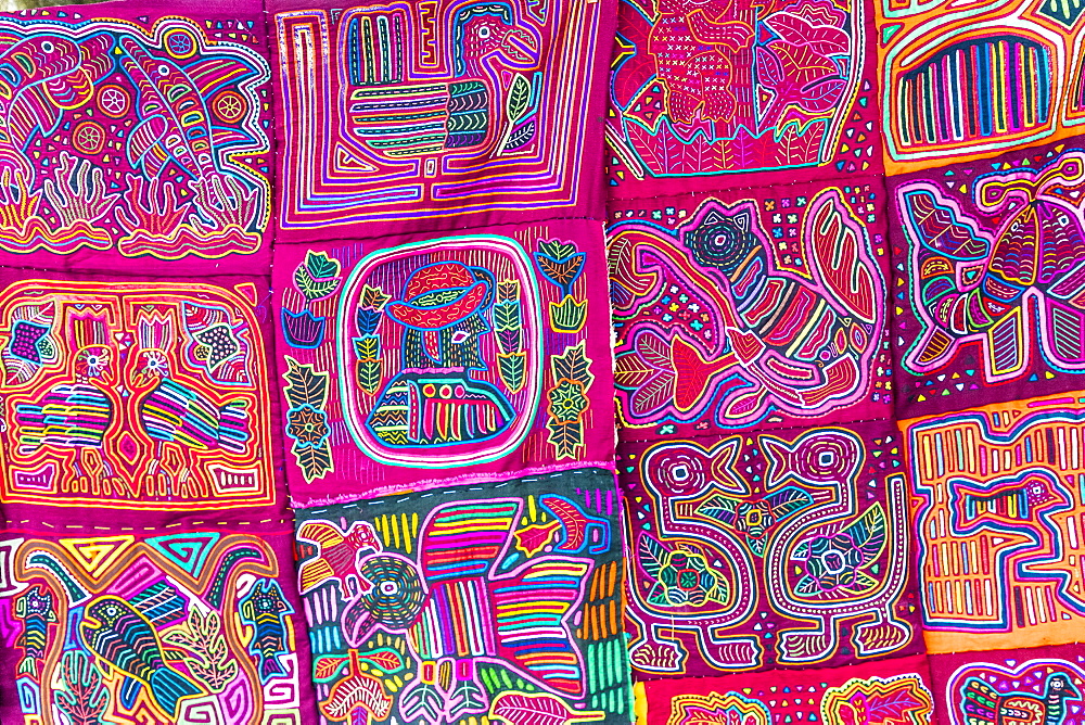 Traditional hand made colourful Molas made by Kuna Indians and sold in Panama City, Panama, Central America