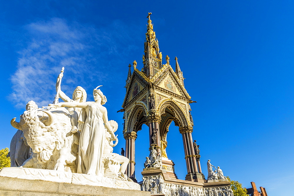 The America sculpture and the Albert Memorial in Kensington Gardens, London, England, United Kingdom, Europe