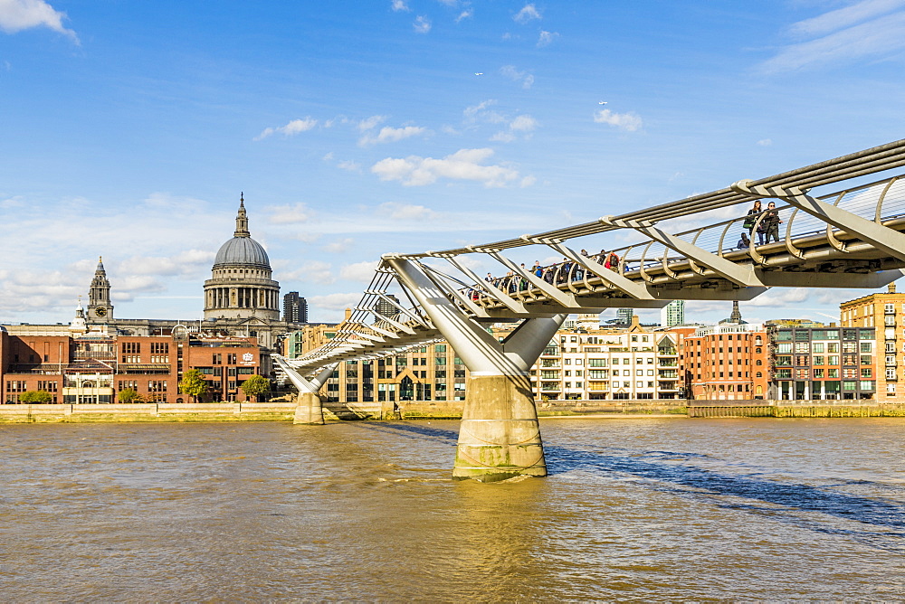 St. Paul's Cathedral and the Millennium Bridge over the River Thames, London, England, United Kingdom, Europe