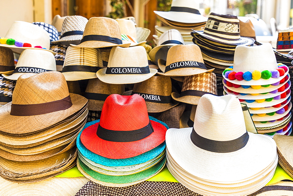 A view of hats for sale in Cartagena, Colombia, South America