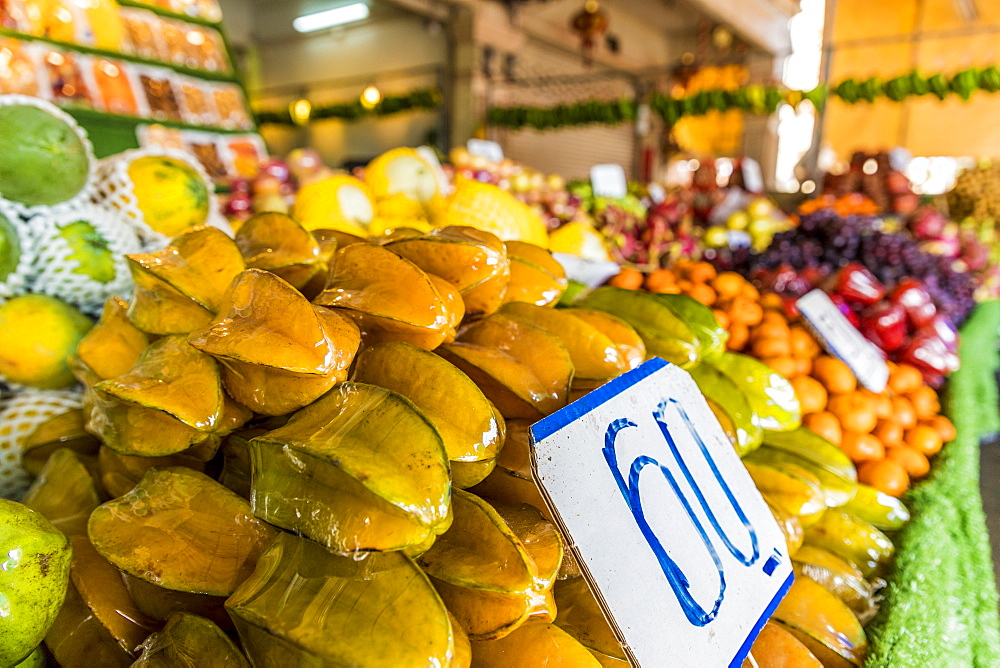 A market stall selling fruit, including Star fruit in Phuket Old Town, Phuket, Thailand, Southeast Asia, Asia