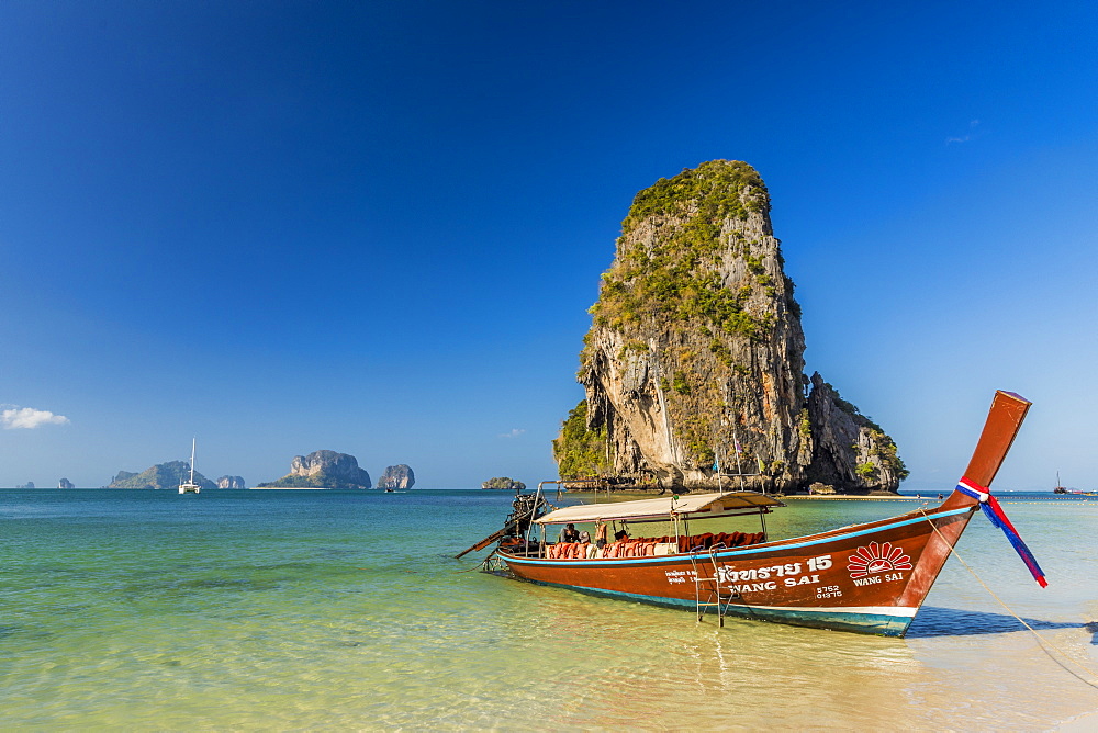 Long tail boat on Phra Nang Cave Beach on Railay in Ao Nang, Krabi Province, Thailand, Southeast Asia, Asia