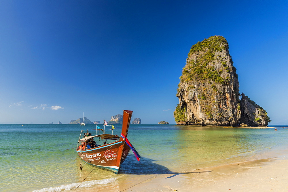 Long tail boat on Phra Nang Cave Beach on Railay in Ao Nang, Krabi Province, Thailand, Southeast Asia, Asia