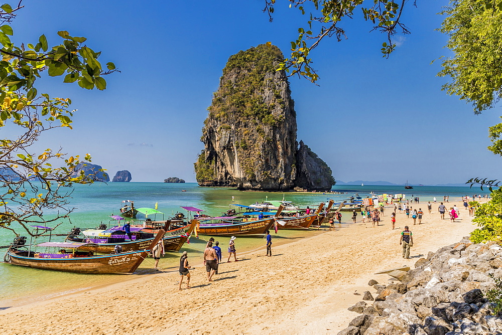 Long tail boats on Phra Nang Cave Beach on Railay in Ao Nang, Krabi Province, Thailand, Southeast Asia, Asia