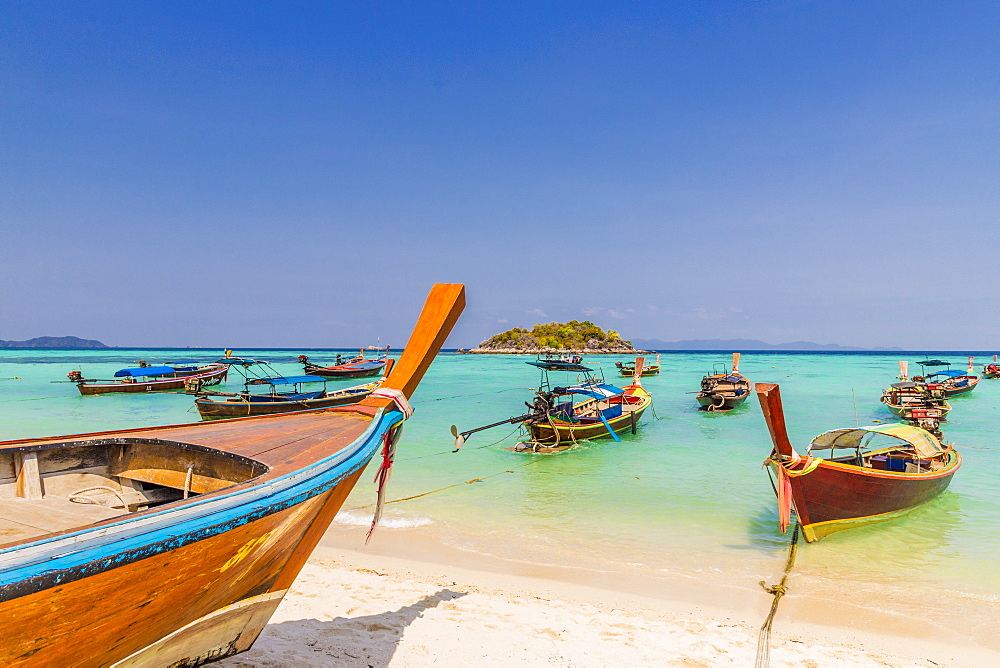 Longtail boats on Sunrise Beach on Ko Lipe in Tarutao National Marine Park, Thailand, Southeast Asia, Asia