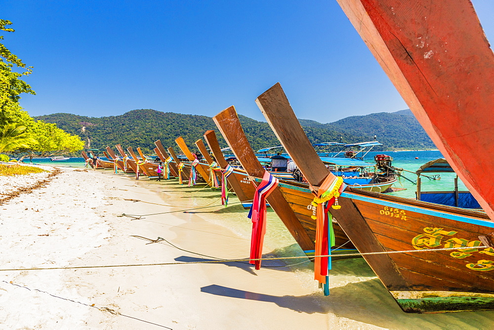 Long tail boats on Ko Rawi island in Tarutao Marine National Park, in Thailand, Southeast Asia, Asia