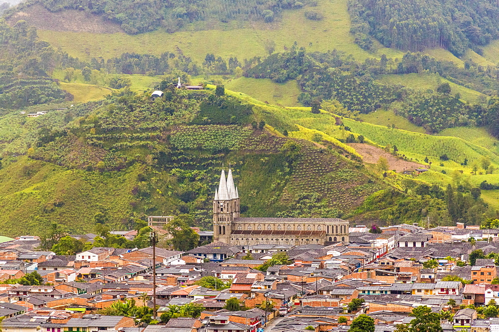 A view of the Minor Basilica of the Immaculate Conception church from a viewpoint in Jardin, Colombia, South America