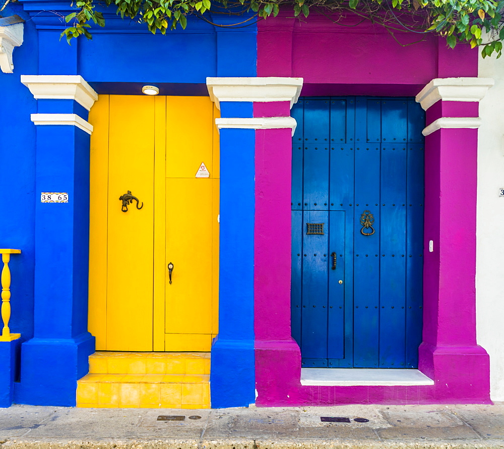 A colourful colonial building in the old town of Cartagena de Indias, Colombia, South America