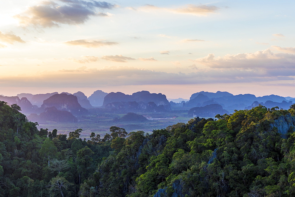 Views over Krabi from the Tiger Temple cave in Krabi, Thailand, Southeast Asia, Asia