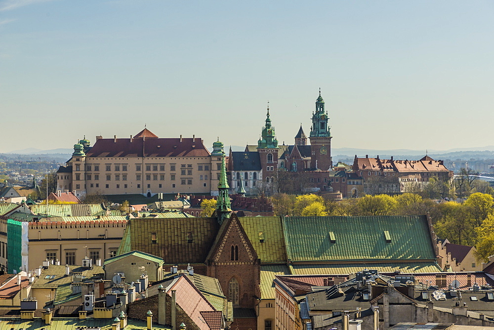 Aerial view of Wawel Castle and Cathedral and the medieval old town, UNESCO World Heritage Site, Krakow, Poland, Europe