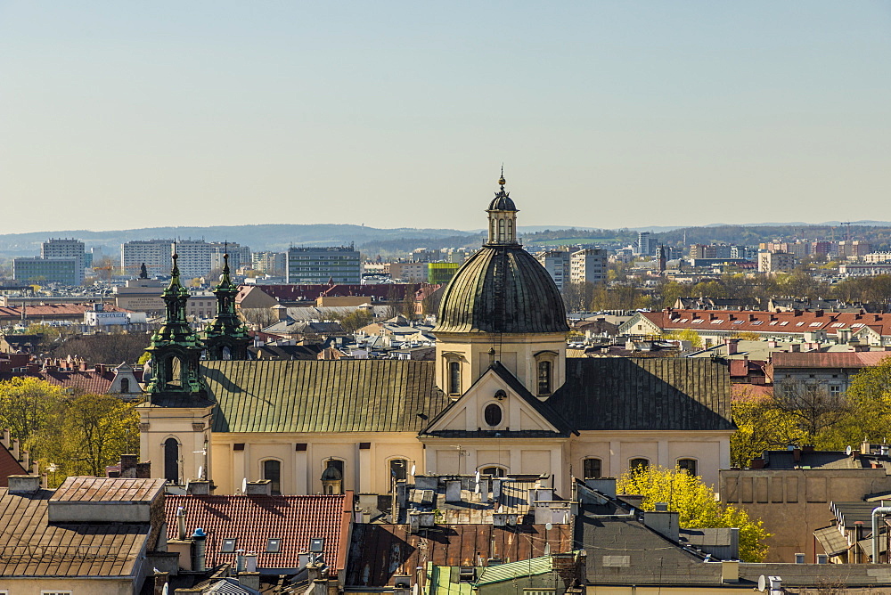 Aerial view of the Church of St. Peter and St. Paul and the medieval old town, UNESCO World Heritage Site, Krakow, Poland, Europe