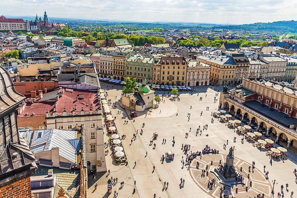 An elevated view over the Main Square in the medieval old town, UNESCO World Heritage Site, Krakow, Poland, Europe