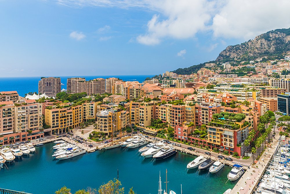 Fontvieille harbour in Monte Carlo, Monaco, Cote d Azur, French Riviera, Mediterranean, France, Europe