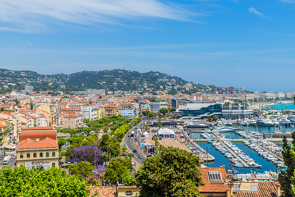 An aerial view over Cannes, Alpes Maritimes, Cote d'Azur, Provence, French Riviera, France, Mediterranean, Europe