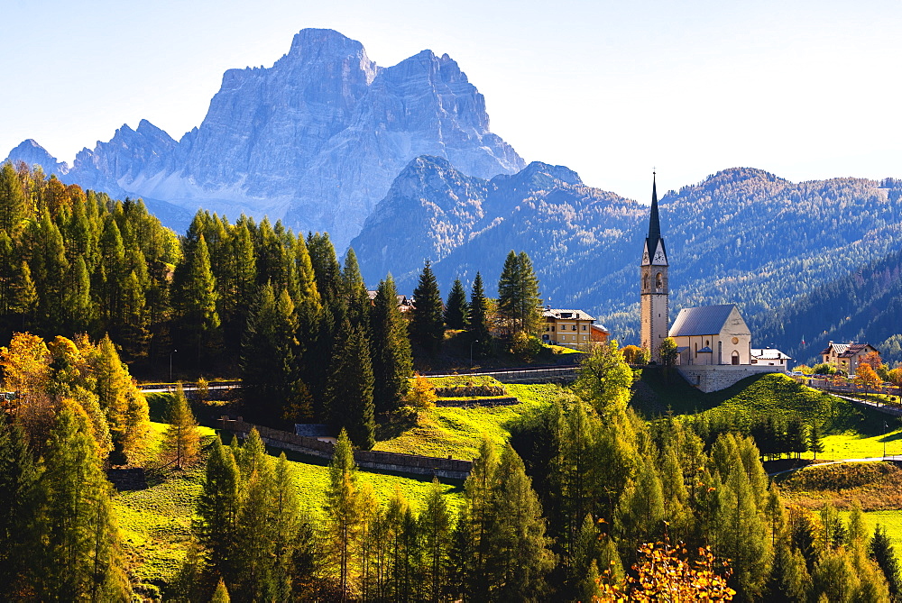 The church of Selva di Cadore and Mount Pelmo, Dolomites, UNESCO World Heritage Site, Belluno province, Veneto, Italy, Europe