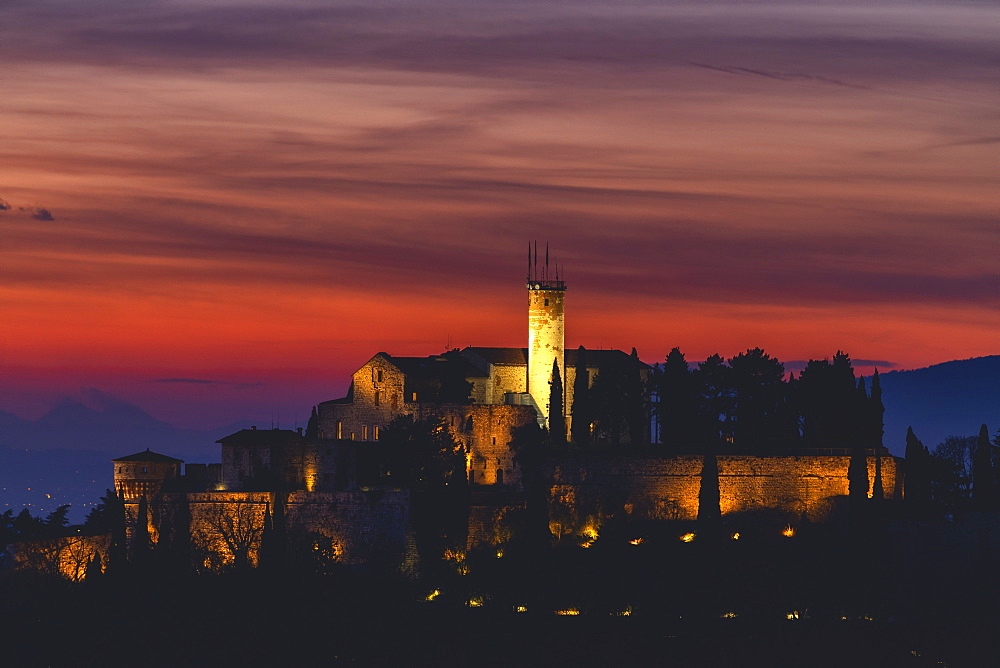 Castle Cidneo in Brescia at sunset, Brescia Province, Lombardy, Italy, Europe