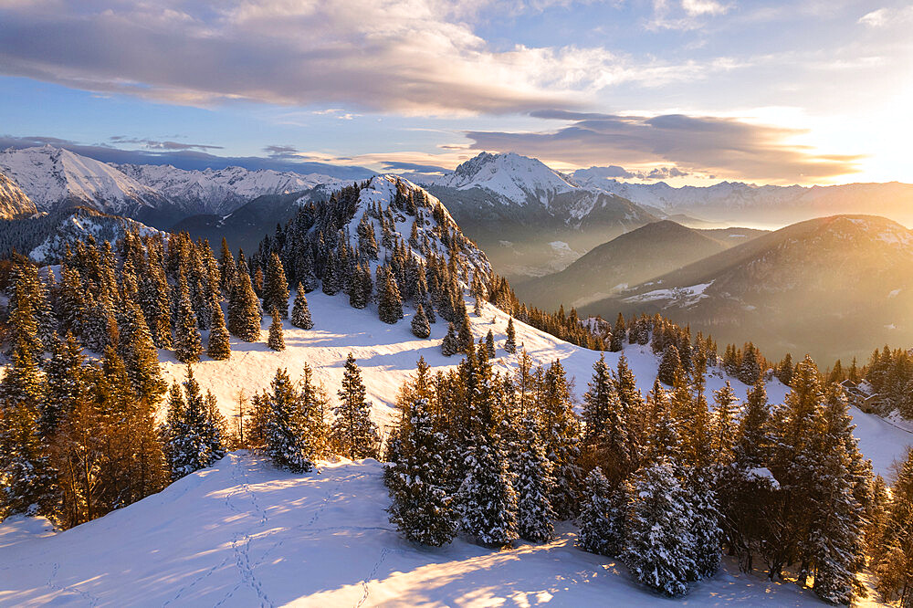 Winter season in Orobie Alps during sunrise, Presolana peak in Bergamo province, Lombardy district, Italy, Europe