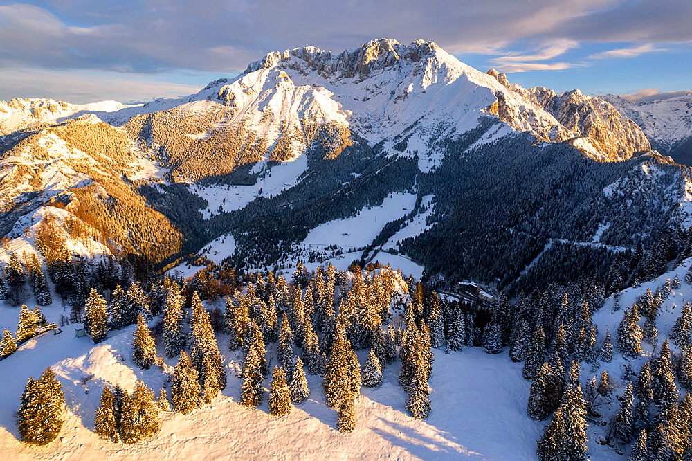 Winter season in Orobie Alps during sunrise, Presolana peak in Bergamo province, Lombardy district, Italy, Europe