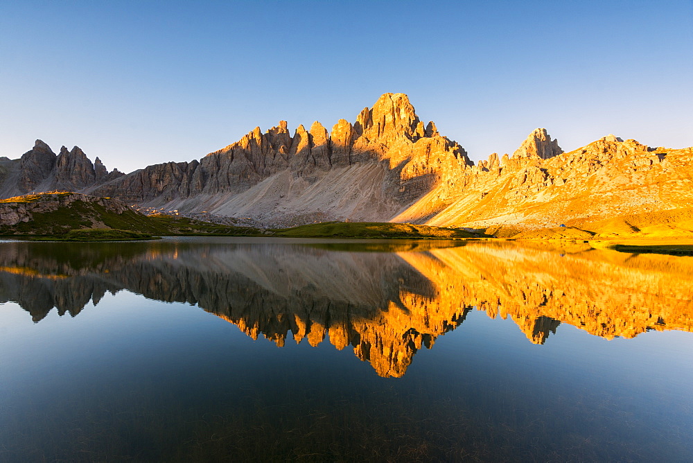 Alpine lake in the morning, Laghi dei Piani, Tre Cime di Lavaredo Natural Park, Dolomites, Bolzano Province, Trentino-Alto Adige, Italy, Europe