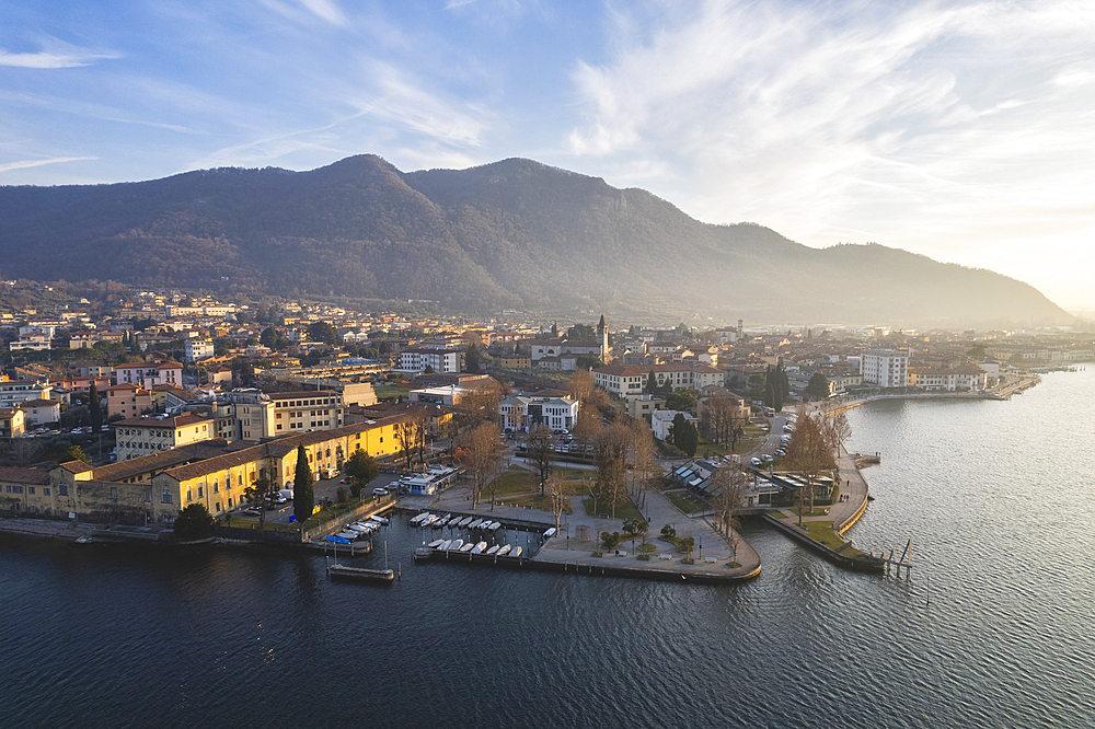 Aerial view, Iseo village, Iseo lake, at sunset, Brescia province, Lombardy district, Italy, Europe