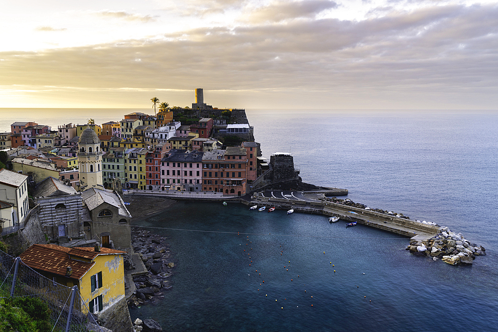 Vernazza at sunrise in cinque terre natural park, La Spezia province in Liguria district, Italy.