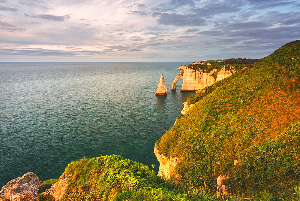 Les Falaises (cliffs) of Etretat at sunset, Etretat, Normandy, France, Europe