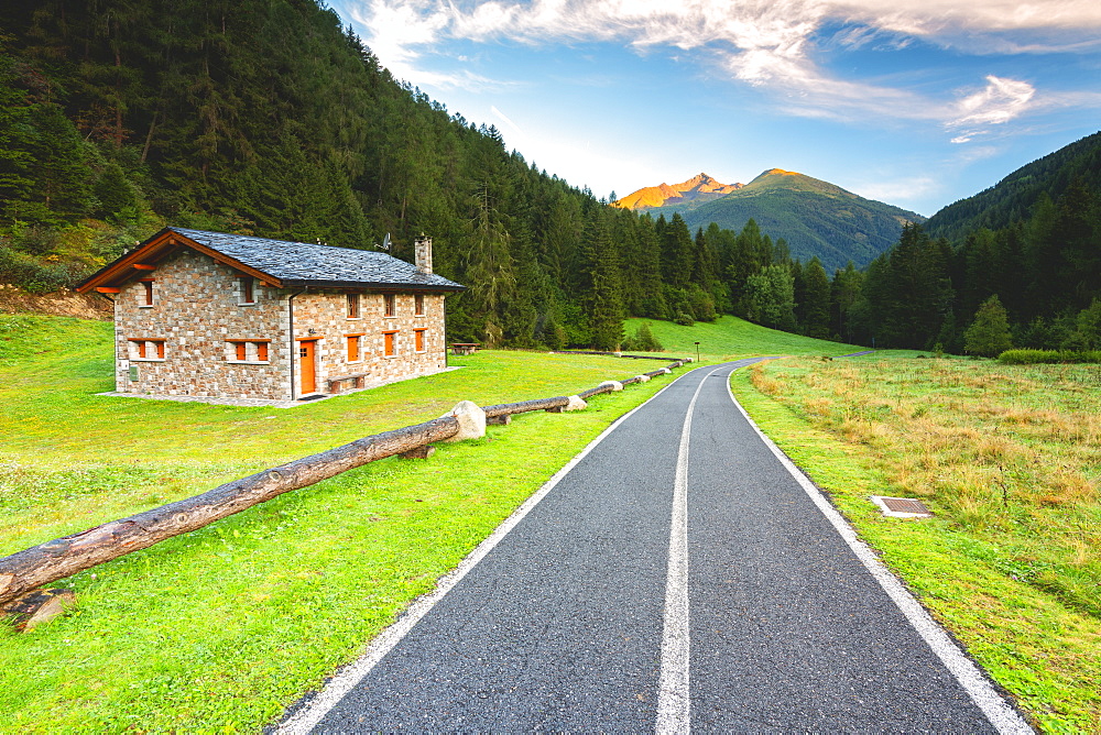 Cottage along the bike path to wooden bridge, Ponte di Legno, Vallecamonica (Val Camonica), Brescia province, Lombardy district, Italy, Europe