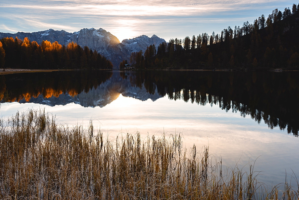 Autumn sunrise at Lake Malghette, Val Rendena, Trentino-Alto Adige, Italy, Europe