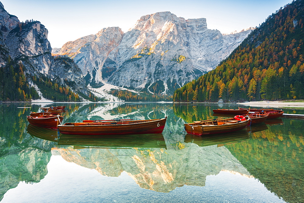 Alpine lake of Braies (Pragser Wildsee) in Trentino Alto Adige-South Tyrol, at dawn, Bolzano province, Dolomites, Italy, Europe