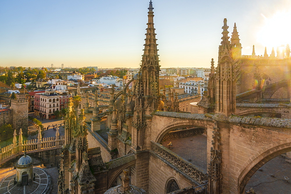 View of the historic center of Seville from the top of the Cathedral of Seville, Seville, Andalucia, Spain, Europe