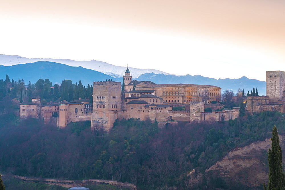 View of the Alhambra at sunrise, UNESCO World Heritage Site, from Albaicin area, Granada, Andalucia, Spain, Europe