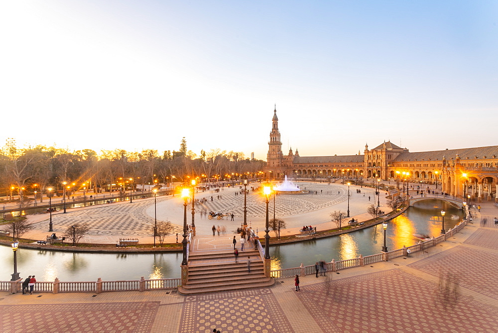 Plaza de Espana in Parque de Maria Luisa at sunset, Seville, Andalucia, Spain, Europe