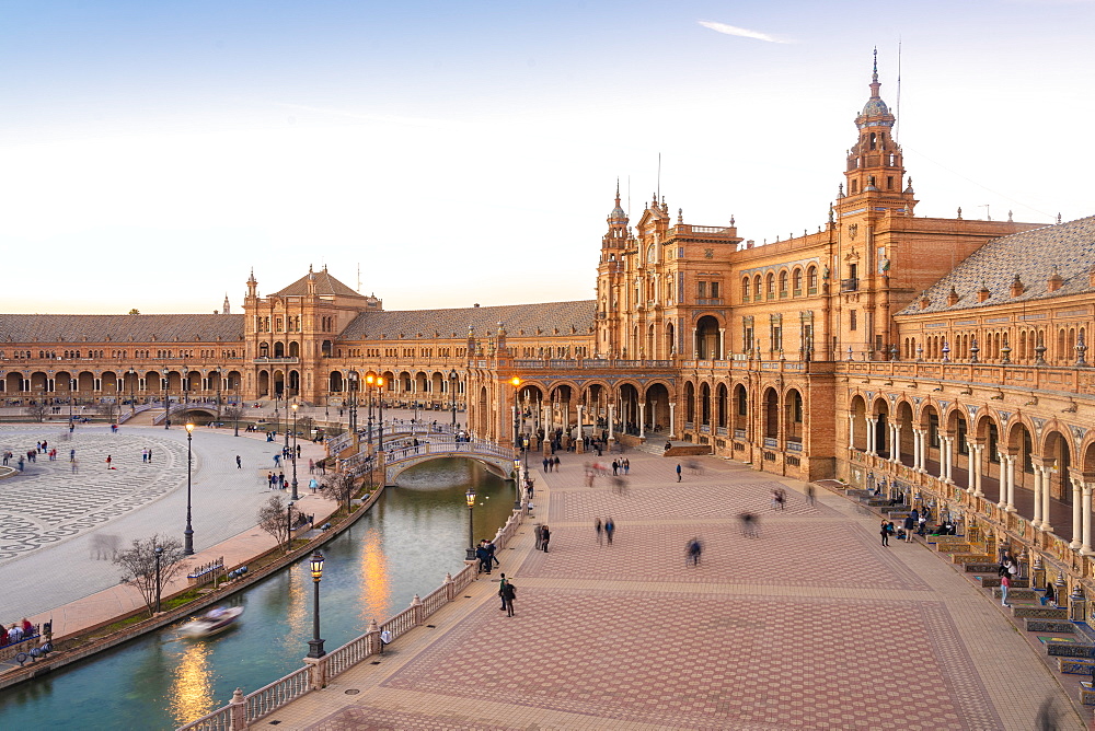 Plaza de Espana in Parque de Maria Luisa at sunset, Seville, Andalucia, Spain, Europe