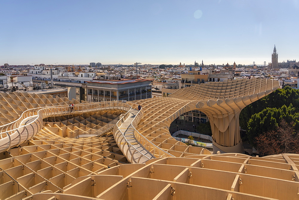 Setas de Sevilla, Metropol Parasol a huge wooden modern architecture structure with Seville historic buildings in the background, Seville, Andalucia, Spain, Europe