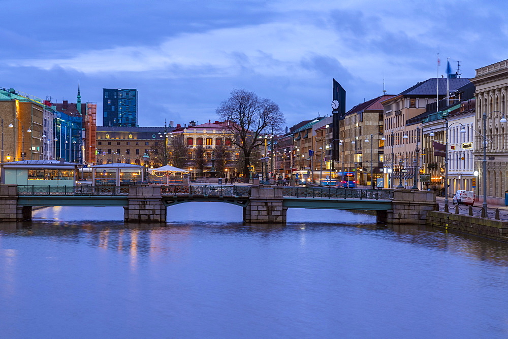 The historic city centre with Tyska Bronn and Brunnsparken in the background in spring at night, Goteborg (Gothenburg), Vastra-Gotaland County, Sweden, Scandinavia, Europe