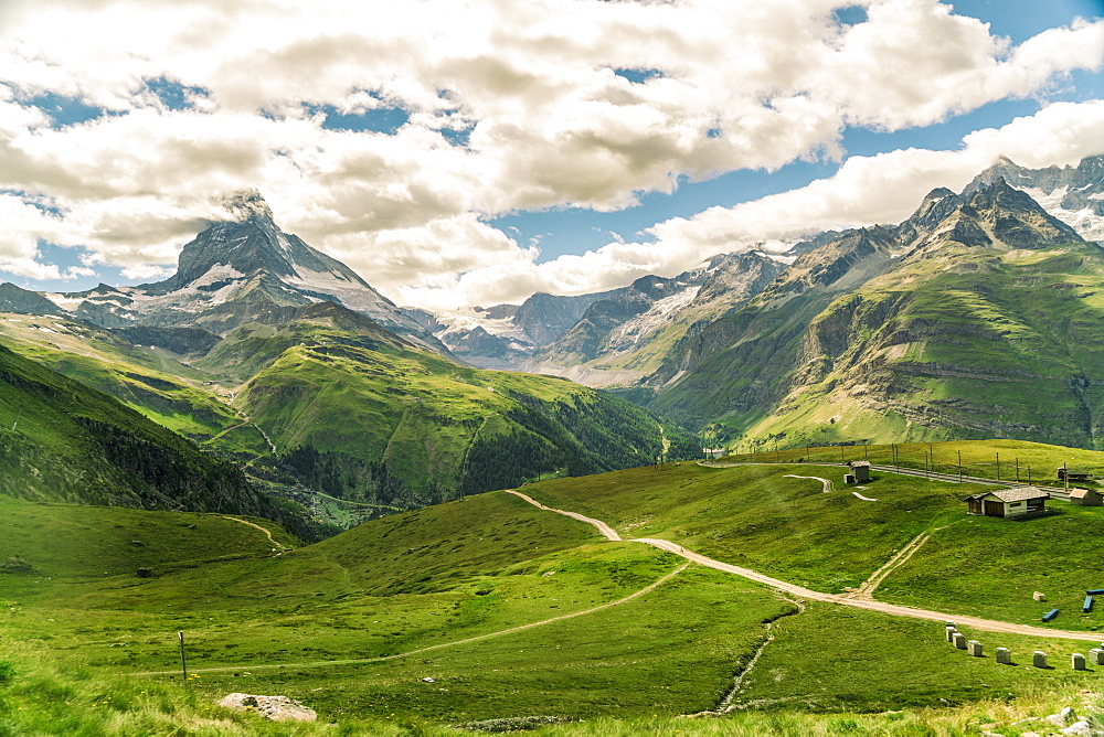 View from Gornegrat in the Alps towards the Matterhorn in summer, Swiss Alps, Switzerland, Europe