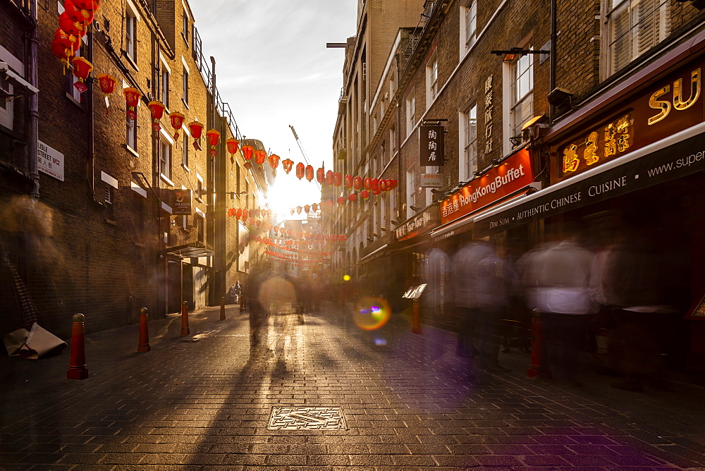 Long exposure of Lisle Street, Chinatown in the afternoon near Piccadilly Circus, London, England, United Kingdom, Europe