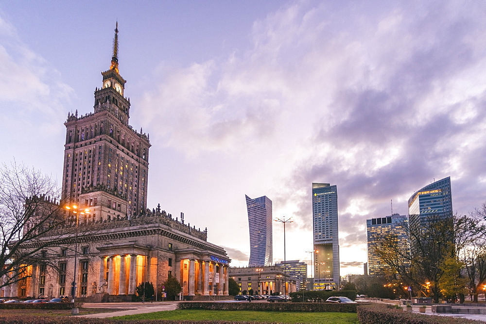 Palace of Culture and Science (Palac Kultury i Nauki) with the modern towers in the downtown area, Warsaw, Poland, Europe