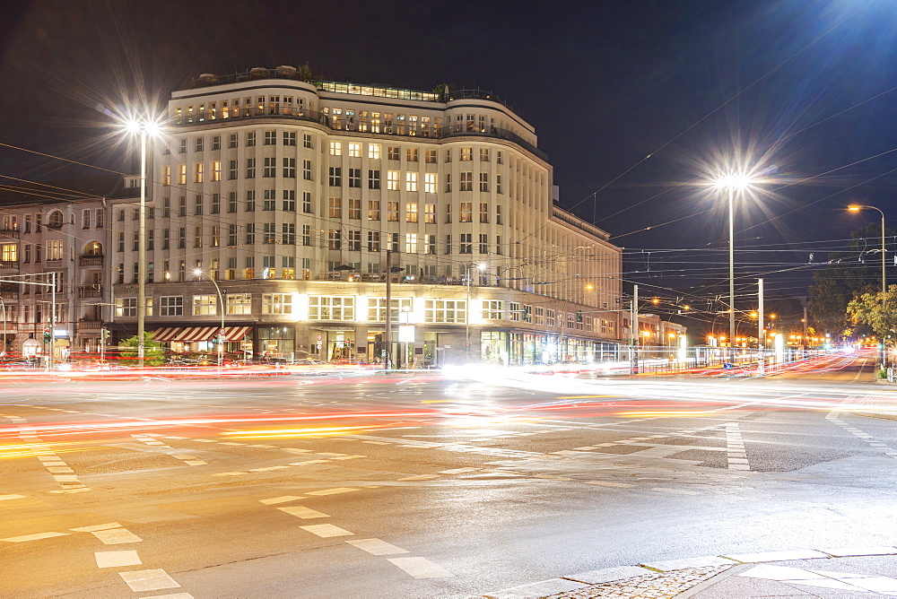 Soho house at Berlin Mitte close to Alexander Platz at night with light trails, Berlin, Germany, Europe