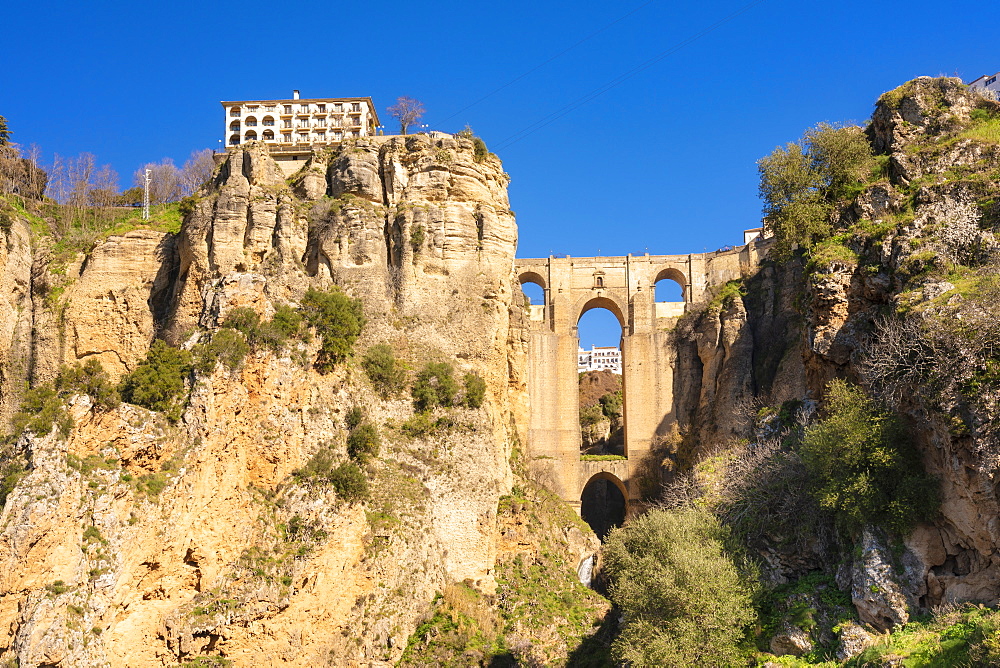 Puente Nuevo Ronda, El Tajo de Ronda in winter on a sunny day, Ronda, Andalucia, Spain, Europe