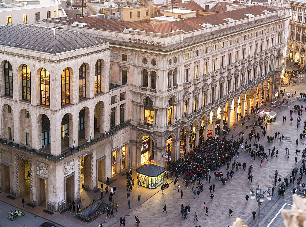 View of the buildings in the Cathedral square in Milan, Lombardy, Italy, Europe