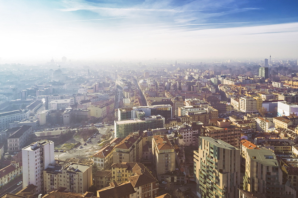 Aerial view of the business district in Milan, Lombardy, Italy, Europe