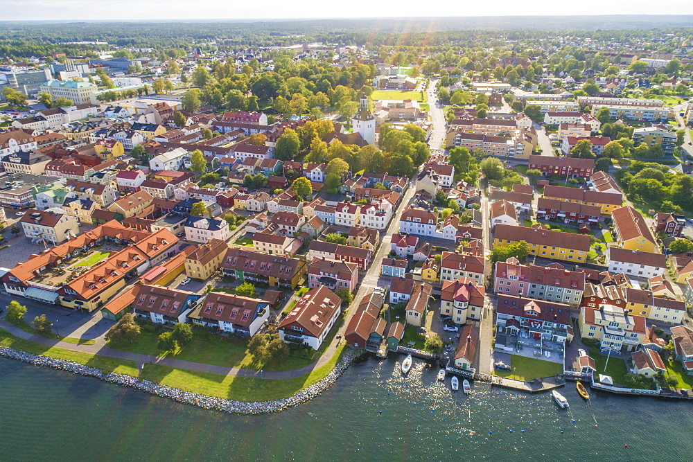 Aerial view of the old city of Vastervik in summer, Vastervik, Kalmar County, Sweden, Scandinavia, Europe