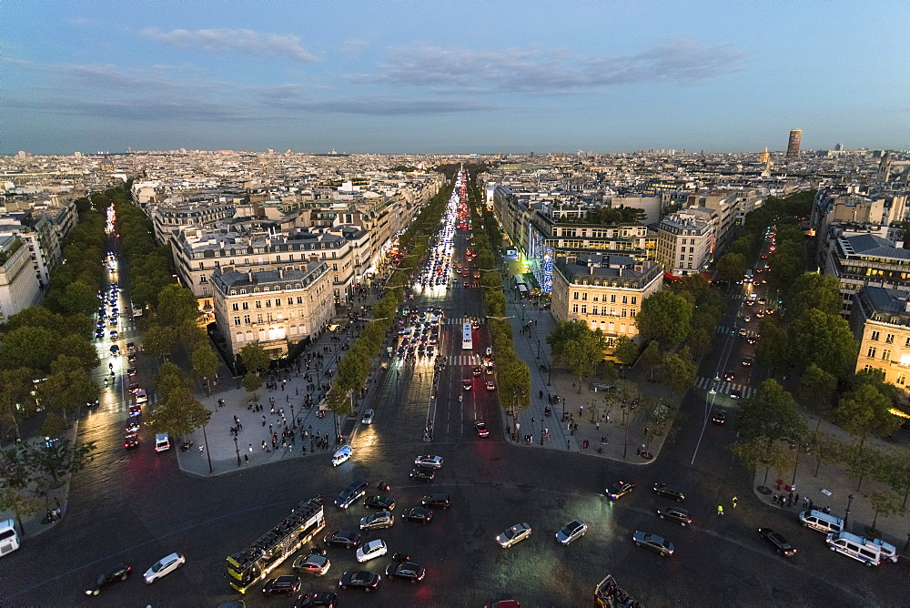 View from Arc de Triomphe in Paris towards Avenue des Champs-Elysees, Paris, France, Europe