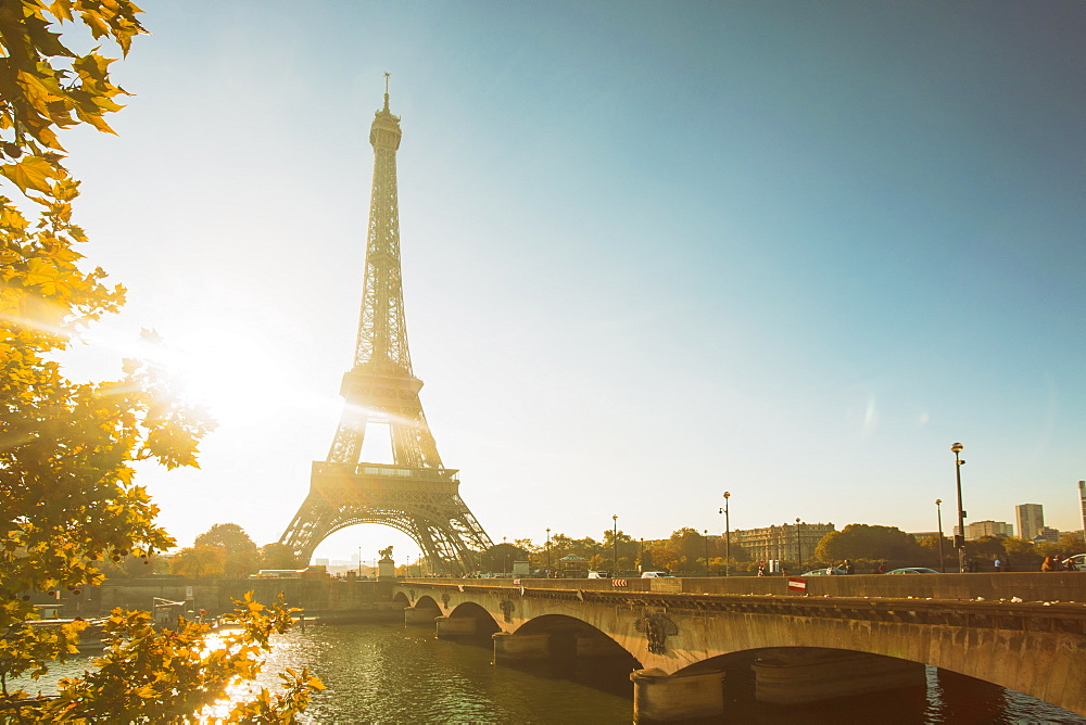 Eiffel Tower early in the morning, viewed from the other side of the River Seine, Paris, France, Europe