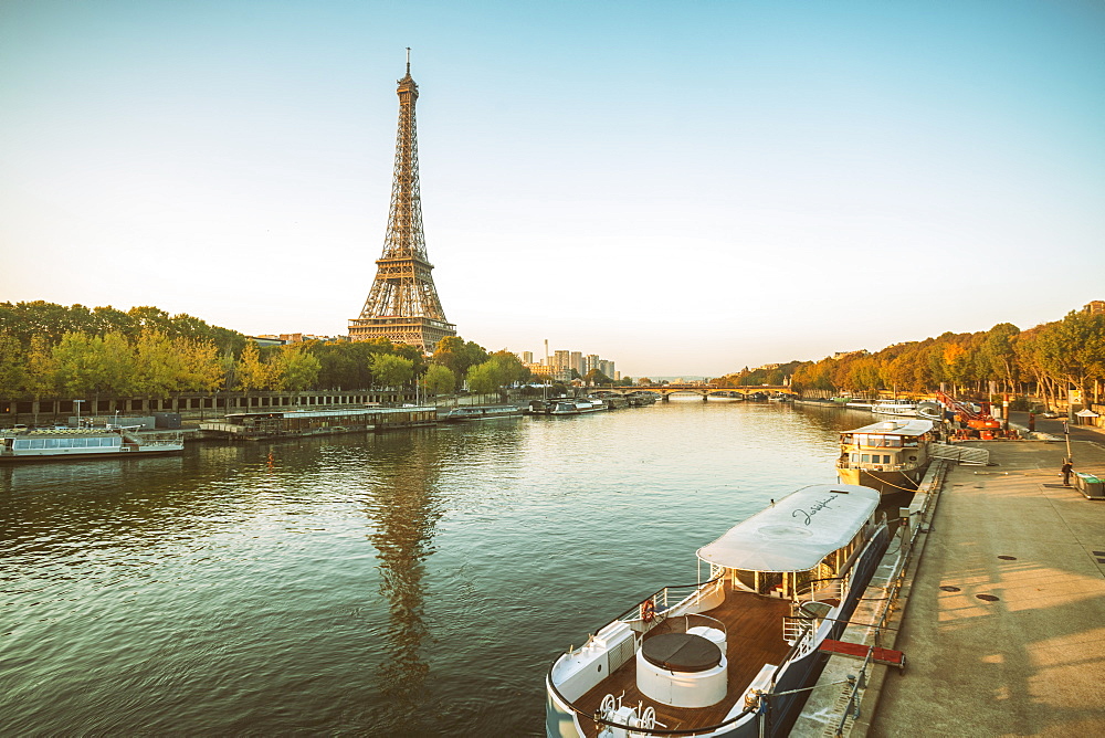 Eiffel Tower early in the morning viewed from the other side of the River Seine, Paris, France, Europe