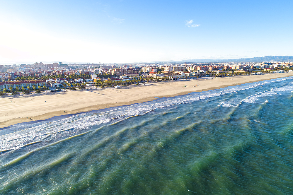 Aerial of the beach in Valencia in autumn, Valencia, Spain, Mediterranean, Europe