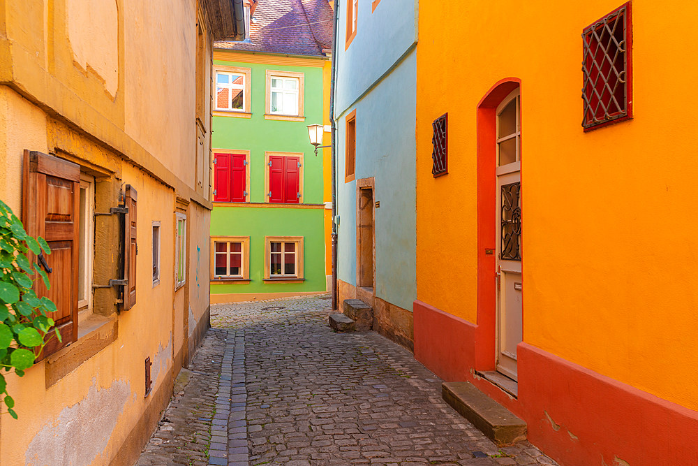 Historic buildings with shops, cafes and restaurants at the old city of Bamberg, UNESCO World Heritage Site, Bavaria, Germany, Europe