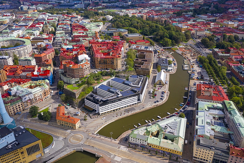 Aerial view by drone of Inom Vallgraven old city by the harbor in Gothenburg, Sweden, Scandinavia, Europe