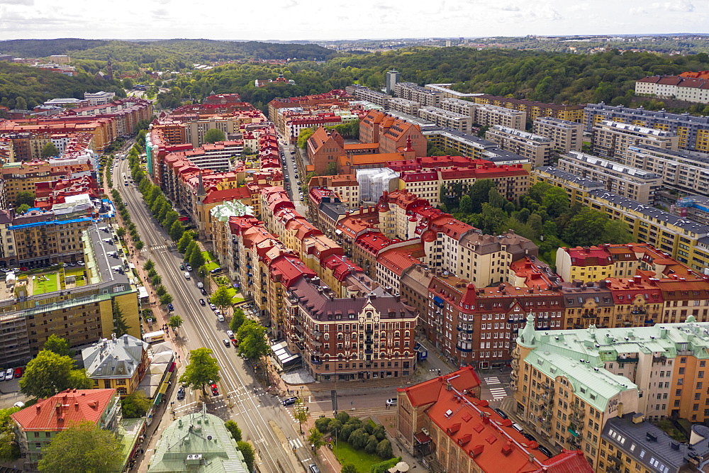 Aerial view by drone of Haga area on sunny day, Gothenburg, Sweden, Scandinavia, Europe